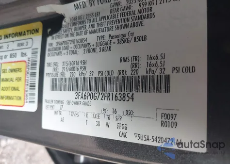 2015 Ford Fusion S из США, поврежденный, VIN 3FA6P0G72FR163854